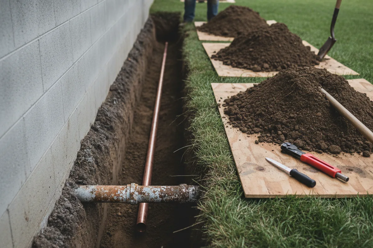 Excavated water line trench during Sewer Line Repair in Bean Station